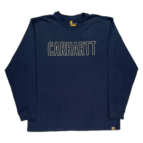 Carhartt Spellout Long Sleeve T-Shirt - Large Navy Cotton