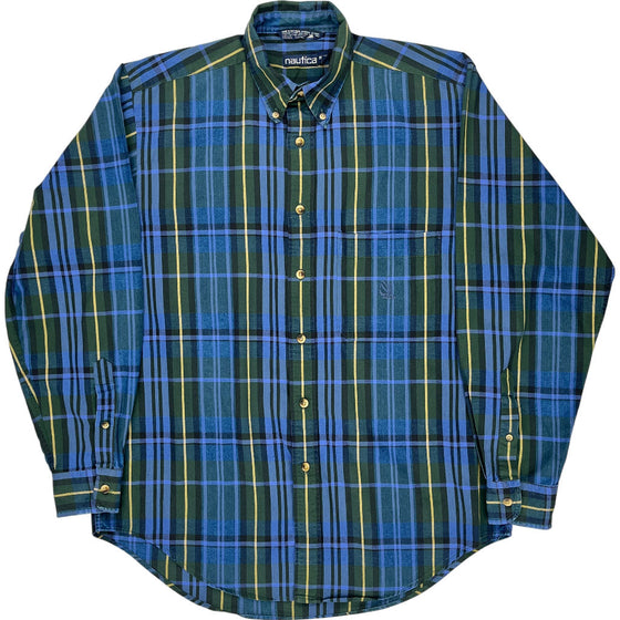 Nautica Plaid Long Sleeve Shirt - Medium - Blue Cotton