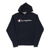 Champion Spellout Hoodie - Medium Navy Cotton Blend - Thrifted.com