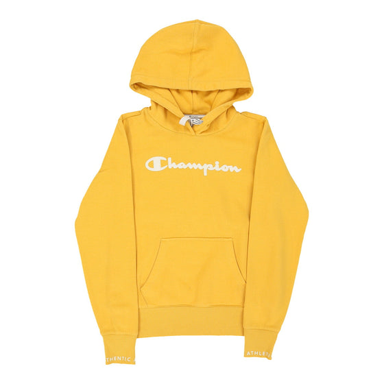 Champion Spellout Hoodie - Medium Yellow Cotton - Thrifted.com