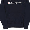 Champion Spellout Hoodie - Medium Navy Cotton Blend - Thrifted.com