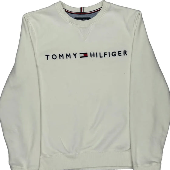 Tommy Hilfiger Logo Tommy Hilfiger Graphic Sweatshirt - Medium White Cotton Blend