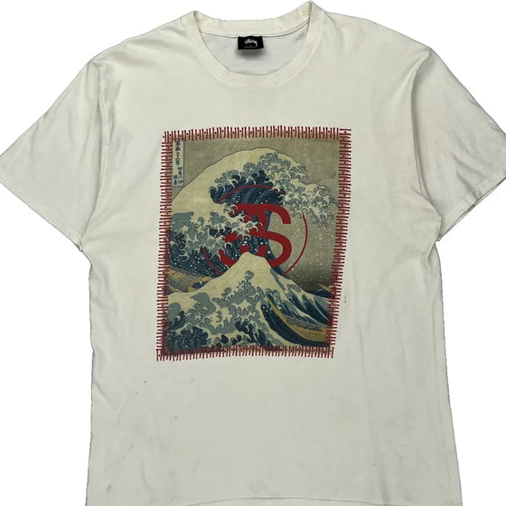 Japanese Wave Art Stussy Graphic T-Shirt - Large White Cotton