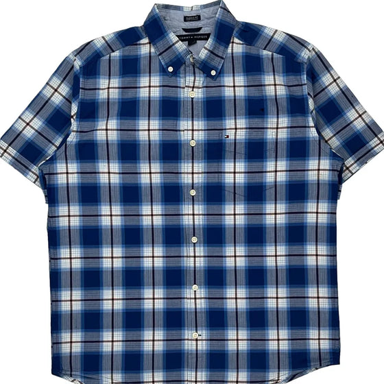 Classic Fit Tommy Hilfiger Checked Short Sleeve Shirt - Medium Blue Cotton